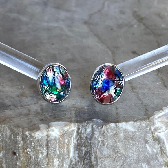 Sterling Silver 925 Dainty Oval Dichroic Glass Cabochon Stud Earrings - Picture 3 of 16
